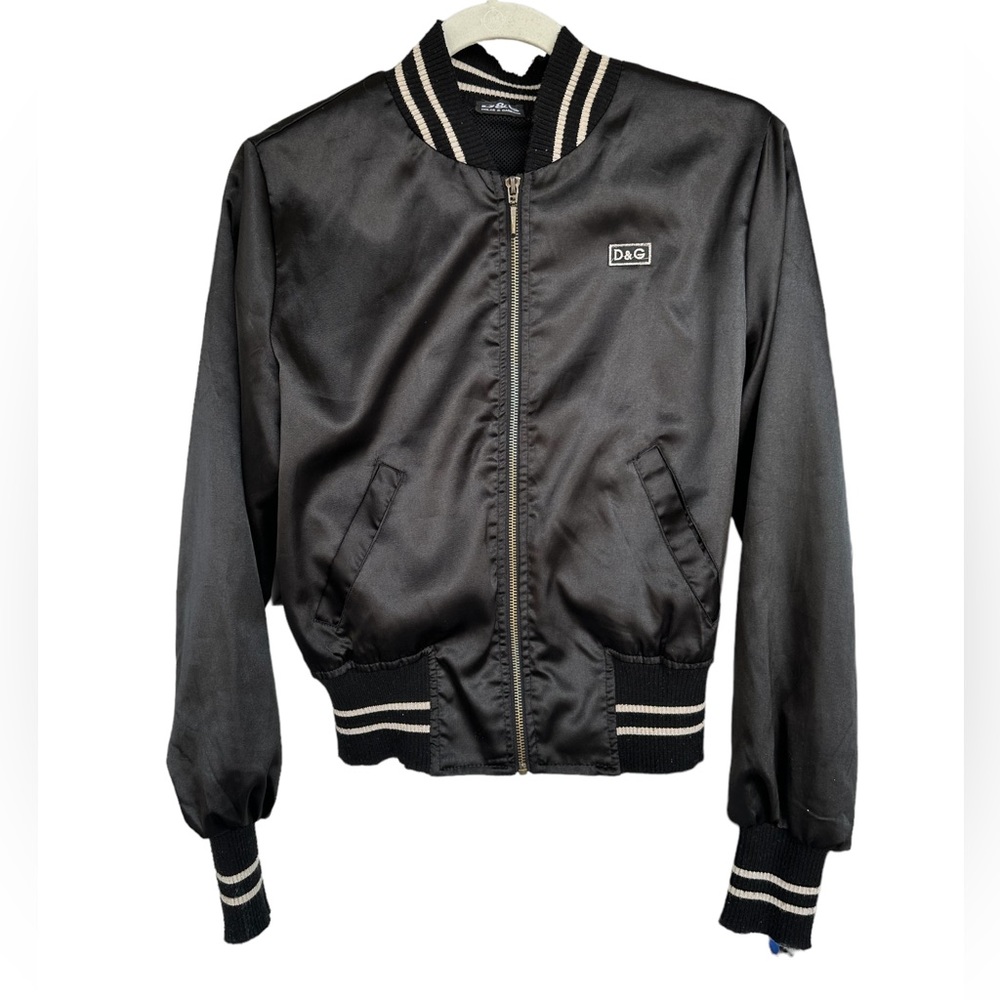 Dolce & Gabbana Vtg. Y2K black satin Bomber jacket embroidery Logo S - Picture 2 of 15